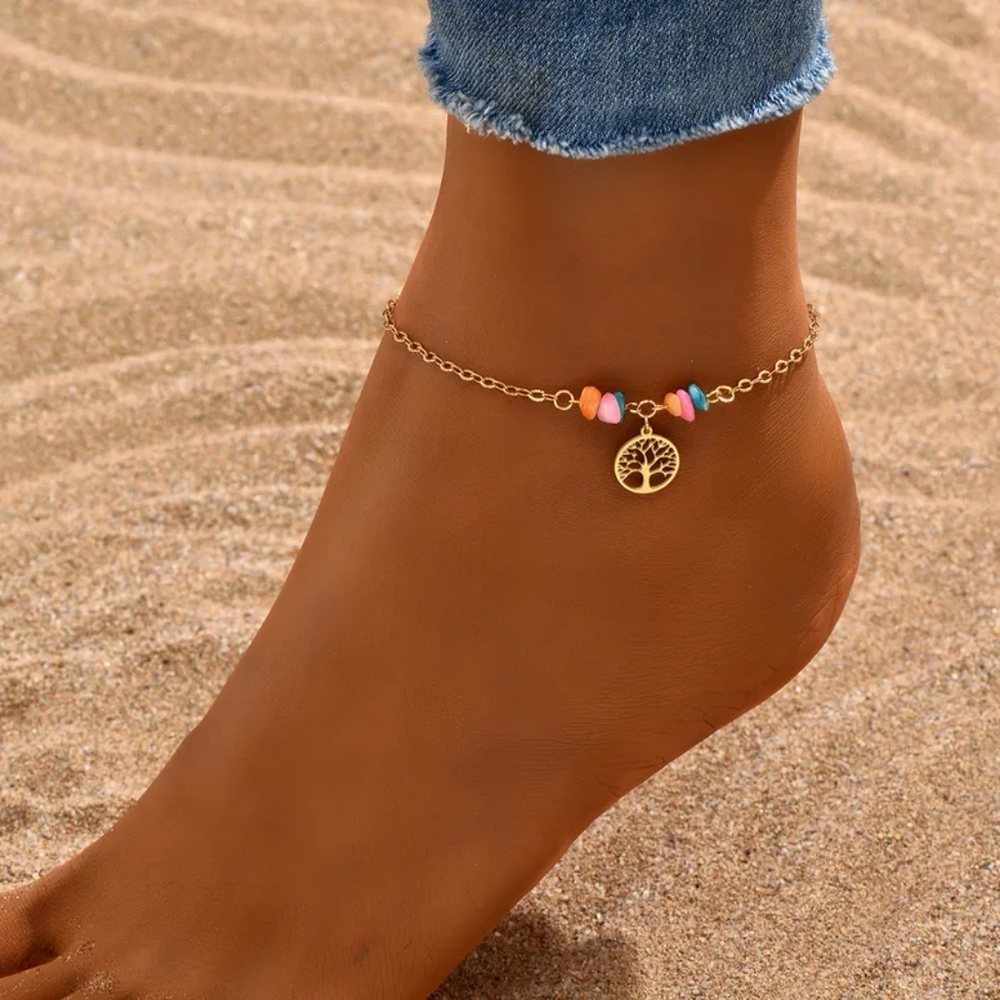 Gold Tree of Life Anklet Multicolor Beaded Ankle Bracelet 18K Summer Jewelry - Picture 4 of 13